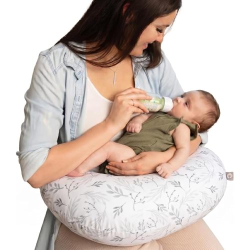 Boppy Nursing Pillow - Verified Safe Breastfeeding Pillow with Softer Fill for Comfortable Support, Machine Wash & Dry Cover, Non-Toxic Materials - Gray Gentle Leaves