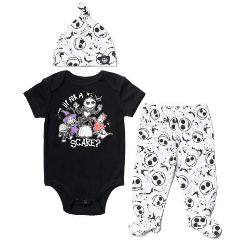 Disney Nightmare Before Christmas Jack Skellington Zero Lock, Shock, and Barrel Newborn Baby Boys Bodysuit Pants and Hat 3 Piece Outfit Set Newborn to Infant