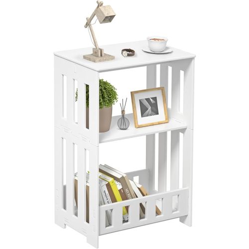 3 Tier Side Table Night Stand, Narrow End Table with Display Shelf, Small Bookcase Bookshelf, Simple Bedside Table Storage Rack for Bedroom, Living Room, Office, Bathroom, White