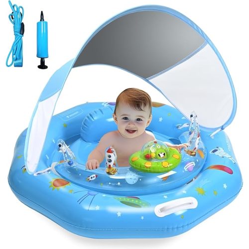 Baby Pool Float with Canopy, Inflatable Baby Swim Float with UPF50+ Sun Protection, Infant Pool Float with Toy Play Console,Safety Handles & Leashes,Adjustable Safety Seat For Toddler Aged 6-36 Months