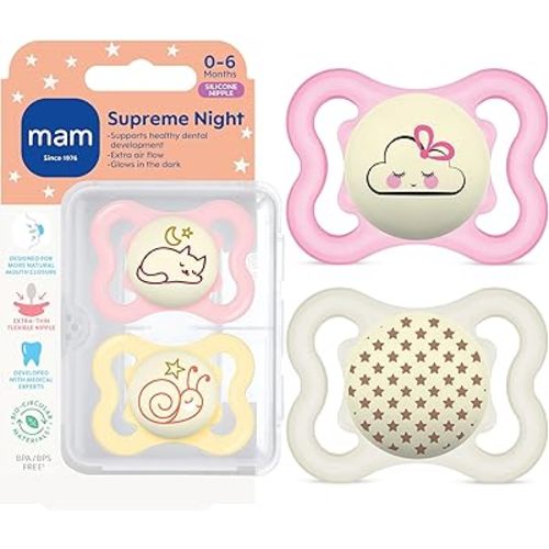 MAM Supreme Baby Pacifier, Newborns 0-6 Months, Developed with Orthodontists, Extra Air Flow for Sensitive Skin, Glows in The Dark, BPA-Free Silicone, Sterilizer Case, Pack of 2, Made in Europe