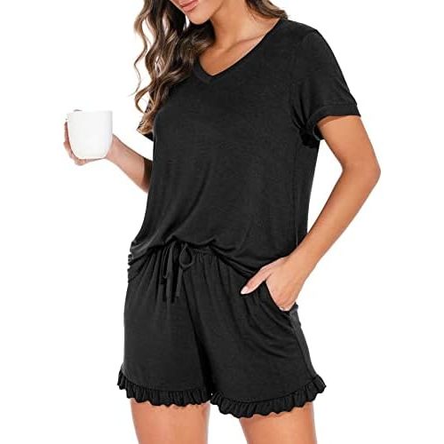 PrinStory Womens Pajamas Set Lounge Sets Short Sleeve Sleepwear Soft Pjs Shorts Set with Pockets