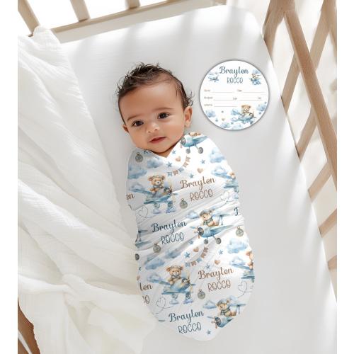 PERSONALIZE PILOT BEAR Boy Swaddle Blanket, Newborn Coming Home Outfit, Aviation Baby Shower Gift, Hospital Name Announcement, Photo Prop