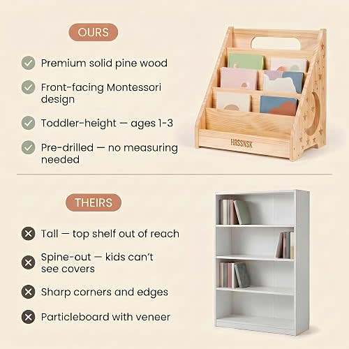 Montessori Bookshelf for Kids 16.5" Wide, Natural Wood Front Facing Bookcase, Toddler Book Organizer for Nursery and Playroom, Children's Reading Display Shelf Ages 1-3