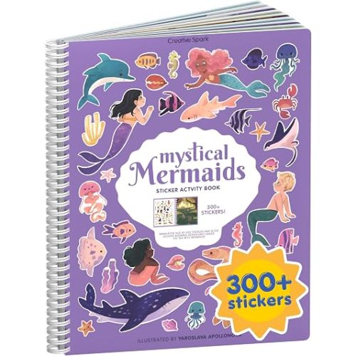 Mystical Mermaids 300+ Kids Sticker Book by Cupkin Toddler Travel Activity Coloring and Sticker Book, Road Trip Essentials, 8 Coloring Pages 8 Side by Side Scenes for Ages 2–8 Years