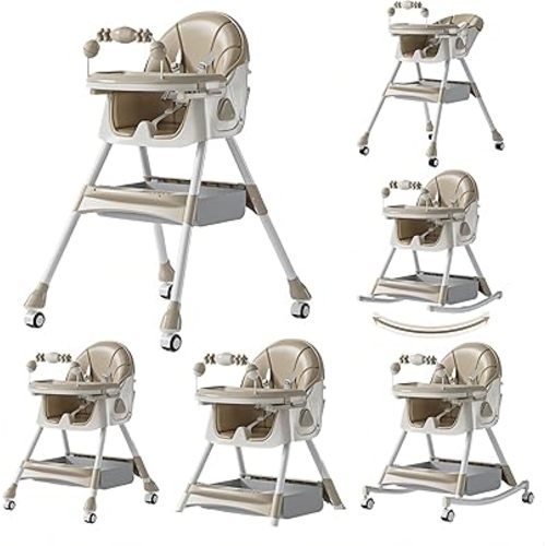 2 in 1 High Chair Rocking Seat Sturdy Easy Clean Food-Grade Safety PP Material, Feeding Chair for Babies & Toddlers 6 Months to 6 Years (Khaki)