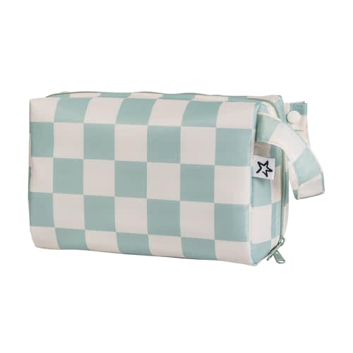 Tiny Twinkle Portable Waterproof Makeup Bag | Travel-Friendly Cosmetic Organizer with Convenient Carry Handle | Spacious Interior, and Secure Zipper Closure (Sage Checkers)