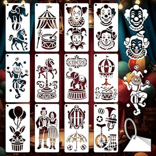 12 Sheets Adventure Circus Stencils for Painting, 12 Styles Plastic Joker Carousel Horse Drawing Template Circus Carnival Art Templates for Painting on Wall Wood Home Decor