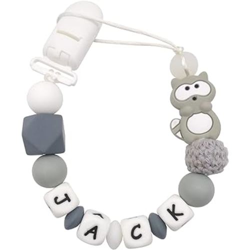 Personalized Pacifier Clip with Name for Boys Girls - Racoon (Grey)
