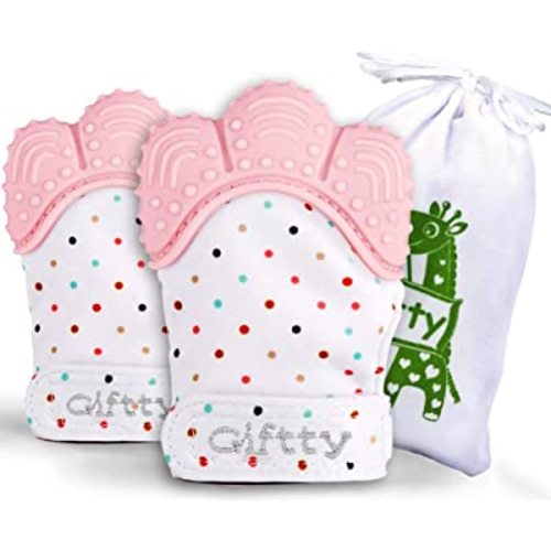 Giftty Baby Teething Mitten, Self-Soothing Teether Glove, Pain Relief Silicone Mitt, Double Breathable, Stay on Baby's Hand, Unisex for Babies 3-12 Months(2 Pink Mittens)