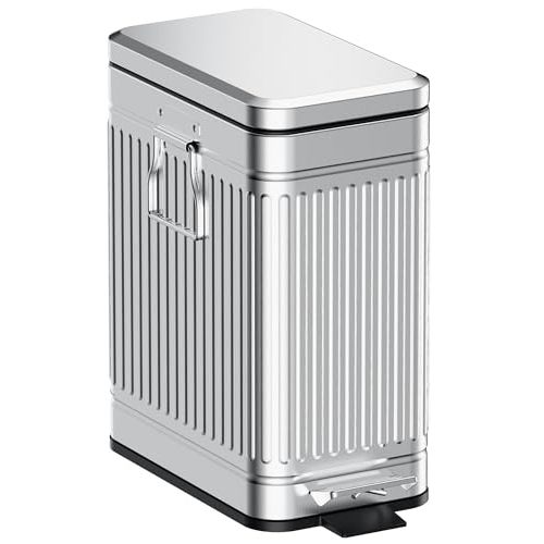 GibHerz Small Trash Can with Lid, 2.6 Gal Dog Poop Trash Can, Silver | Soft Close Lid, Step Pedal, Odor Control, Metal Dog Waste Bin, Removable Inner Bucket, for Outdoor Backyard, Bedroom, Office