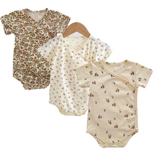 LYMAYTER ‌Baby Girls Newborn Short Sleeves Kimono Cotton Side-Snap Bodysuit Layette Set‌ 3M-24M