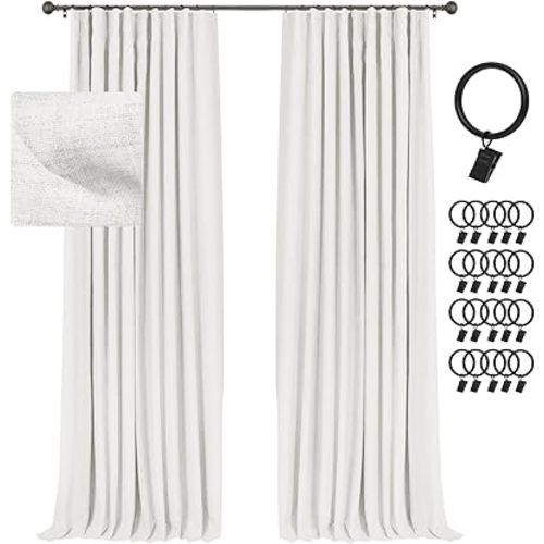INOVADAY 100% Blackout Curtains for Bedroom, Black Out Curtains 84 Inch Long, Clip Rings Linen Blackout Drapes, Thermal Insulated Room Darkening for Living Room, 2 Panels - Snow White,W50xL84