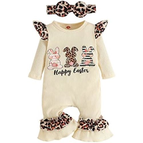 Bowanadacles Newborn infant baby girl Easter outfit clothes long sleeve ruffle rabbit romper jumpsuit headband
