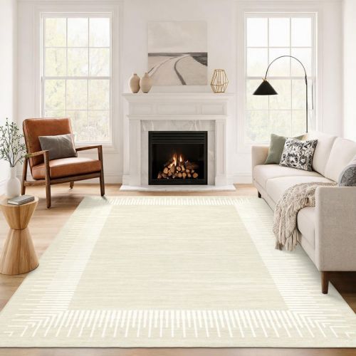 Beige 8'x10' Modern Geometric Border Area Rug, Low Pile Washable Non Slip Carpet, Striped Bordered Rugs for Living Room Bedroom Entryway Kitchen