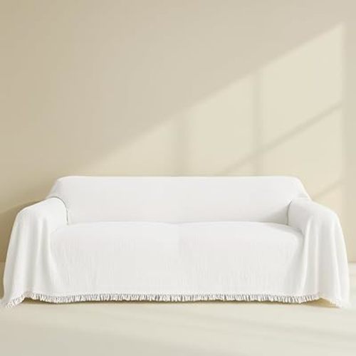 Washable Sofa Cover%100 Organic Cotton, White Couch Covers for Loveseat, Futon, Sofa, Sectional L Shape, U Shape, 4 Layered Muslin Couch Cover (White, 71x98 inches / 180x250 cm)