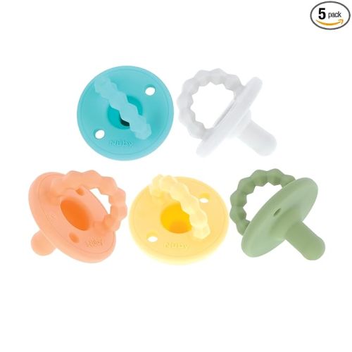 Nuby Silicone Softees Pacifier and Teethers - 5-Pack - 100% Silicone Baby Pacifiers and Teethers - 0+ Months - Assorted Neutral Colors