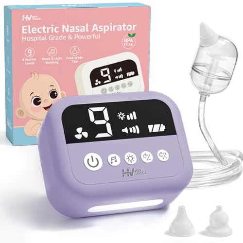 HEYVALUE Nasal Aspirator for Baby, Hospital Grade 9 Levels Suction, Purple | Baby Nose Sucker With 3 Food-Grade Silicone Tips, Ambient Light & Night Light, 6 Soothing Nursery Rhymes & White Noise
