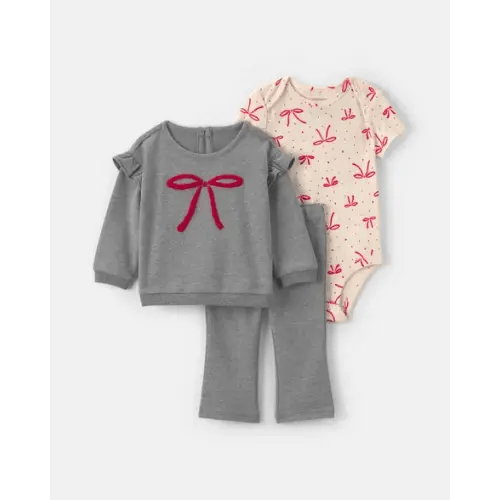 Baby Girl 3-Piece Bow French Terry Layering Set - Grey/Cream | Carter's
