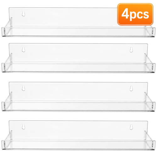 Acrylic Floating Shelves Display Shelves for Kids Room - 15 Clear Wall Mounted Hanging Storage for Toys Books and Vinyl Records for Bedroom 4-Pack