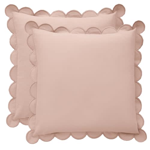 BEBE BASK Scalloped Pillow Cover - Set of 2-18 x 18 Inch - Scallop Pillow Cover - Pink Scalloped Pillows - Scallop Pillows - 100% Cotton - Grandmillennial Style (Peach Pink/Peach)