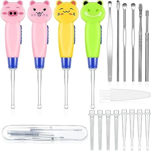 10 Pieces Ear Wax Removal kit for Kids 4 Toddler Ear Cleaner with Led Baby Earwax Remover and 6 Stainless Steel Wax Remover Earwax Tweezers with Cleaning Brush for Adults