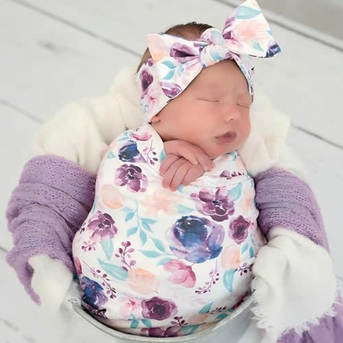 Terriboo Newborn Floral Print Blanket Baby Stretch Wrap Swaddle Receiving Blanket with Matching Headband and Beanie (Purple Floral)