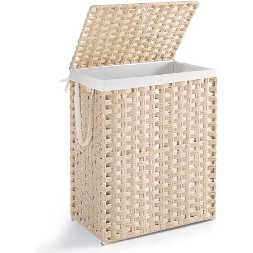 DUMOS Laundry Basket with Lid, 90L Wicker Laundry Hampers, Summer Sand