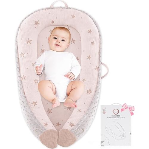 Baby Lounger - Infant Lounger Pillow for Newborn 0-24 Months, Soft, Breathable & Portable Baby Lounger Pillow for Boys & Girls, Cozy Baby Floor Seat for Home & Travel (Pink Star)