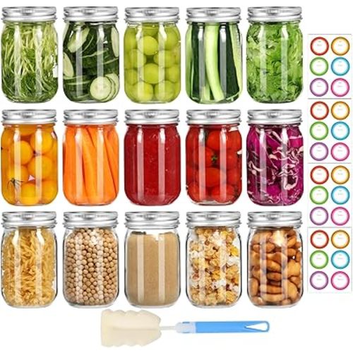 Glass Mason Jars 16 oz with Airtight Lids and Bands - 15 Pack Regular Mouth Pint Canning Jars for Pickling, Meal Prep, Overnight Oats, Dry Food & DIY Crafts - Includes 24 Stickers & Brush