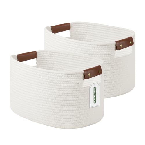 ECDYQXVU Cotton Rope Basket , Storage Baskets with Handle, 15x10x9 Inch Woven Basket for Shelves, Laundry, Towels, Clothes, Books, Toys (White 2Pack)