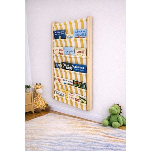 Montessori 5 Tier Canvas Pocket Wall Bookshelf, Re-Washable Soft Fabric Kids Book Rack, Space Saving Behind Door Shelf (Yellow)