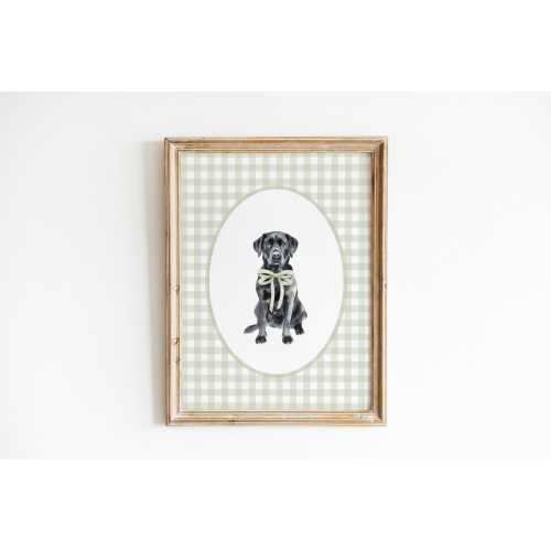 Black Labrador Retriever Nursery Decor, Watercolor Lab Dog Nursery Print, Baby Boy Nursery, Sage Green Gingham Wall Print, Girl Bow Wall Art