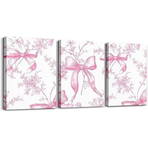 jejeloiu Bowknot Framed Canvas Wall Art Rose Wall Decor for Bedroom Pink Bow Pictures Painting for Room Office Decorations Rose Floral Flower Posters Artwork 12"x16"x 3Pcs