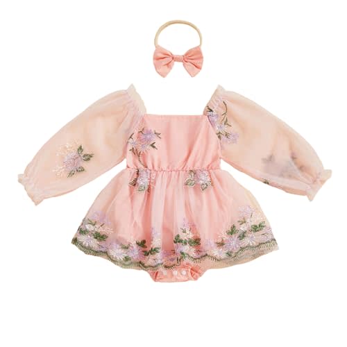 Douhoow Baby Girl Romper Dress 3D Floral Daisy Baby Romper and Bow Headband 2 Pcs Infant Fall Winter Festival Clothes