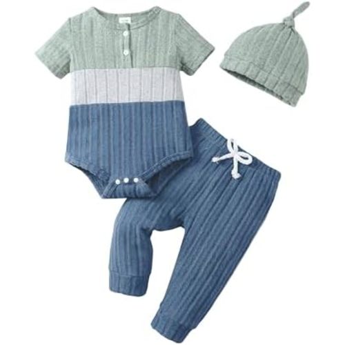 Renotemy Preemie Newborn Boy Summer Clothes Gift Short Sleeve Button Romper Baby Boys Bodysuit Long Pants Outfit Set with Hat
