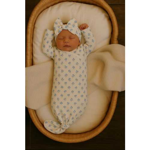 Blue Floral Newborn Knotted Gown with Bow: Vintage Baby Layette