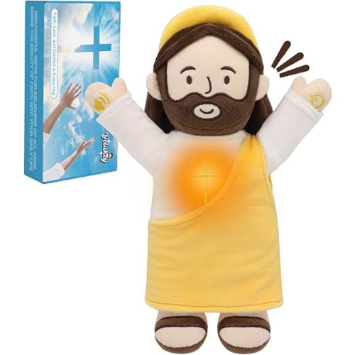 Talking Jesus Plush Toy with Glow, 13.4'' Resurrection of Jesus Speaks Bible Verses Story Songs, Easter Toys with Greeting Card, Jesus Stuffed Doll for Easter Gift