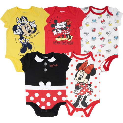 Disney Mickey Mouse Donald Duck Minnie Mouse Infant Baby Girls 5 Pack Bodysuits Newborn to Infant
