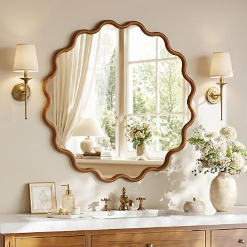 BEAUTYPEAK Wavy Wood Mirror for Wall, 30 x 30 Inch, Red Walnut