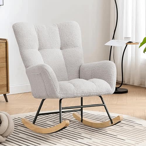 Nursery Rocking Chair, Teddy Upholstered Glider Rocker Rocking Accent Chair with High Backrest Armchair Comfy Side Chair for Living Room, Bedroom, Offices (Light Gray)