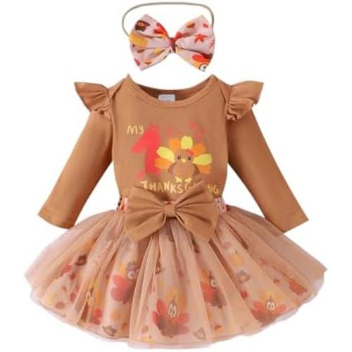 DUBASAM My First Thanksgiving Baby Girl Outfit Long Sleeve Romper Skirt Shorts Turkey Print Fall Winter Thanksgiving Clothes