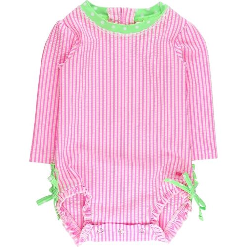 RuffleButts Baby-Girls Seersucker Long Sleeve Rash Guard - One Piece Swimsuit UPF 50+ Toddler