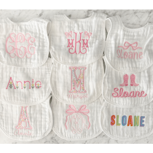 Custom Embroidered Baby Girl Muslin Bibs and Burp Cloths, 5 bibs & 5 burp cloths

(Name: Wensley)