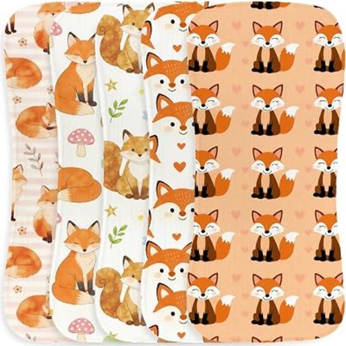 5Pcs Fox Baby Burp Cloths Cotton Burp Rags for Girls Boys, Fox Forest Baby Shower Newborn Gift, Soft and Absorbent Baby Burping Cloths for Newborns 9.8X19.6inches