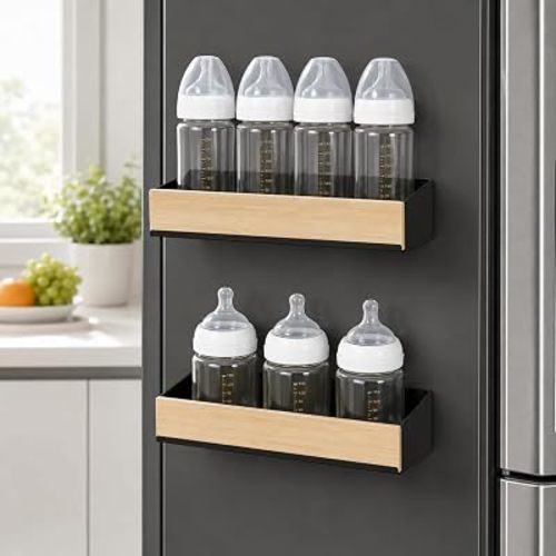 2 Pack Magnetic Baby Bottle Organizer, Baby Bottle Storage Rack for Refrigerator Side, Metal Bottle Holder Shelf for Nursery Feeding Station, Bottle Holder for Countertop or Kitchen