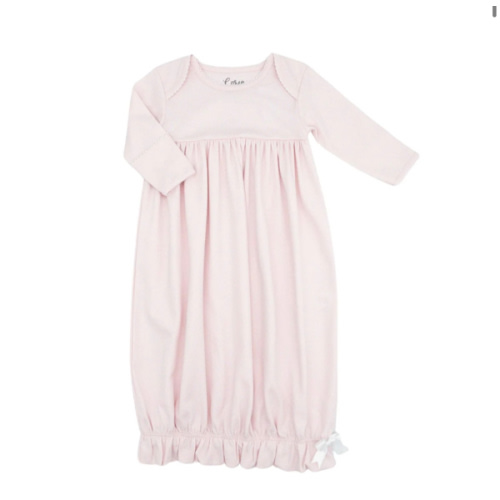 Pima Knit Lap Shoulder Gown with Picot Trim - Pink with White