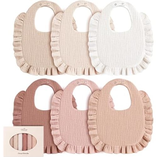 Konssy 6-Pack Muslin Baby Girl Bibs, 100% Soft Cotton Absorbent Drool Bibs