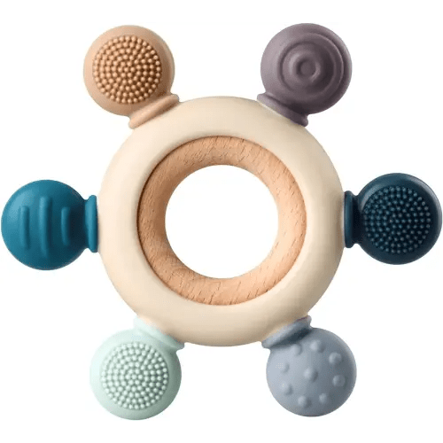 Baby Teething Toys, Silicone Chewable Teethers with Wooden Ring for Soothing Babies Gums, Rudder Chewers Shower Gift for lnfants & Toddlers, 3+ Months