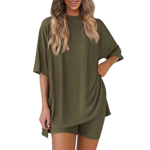 PRETTYGARDEN Women's Two Piece Lounge Set 2025 Summer Casual Oversized Shirts Biker Shorts Matching Airport Travel Outfit